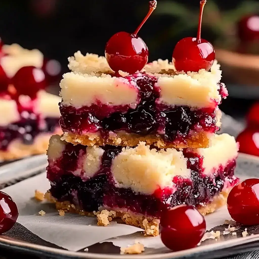 Barritas de postre con capas, rellenas con frutos rojos y coronadas con una costra crujiente y dos cerezas de adorno.