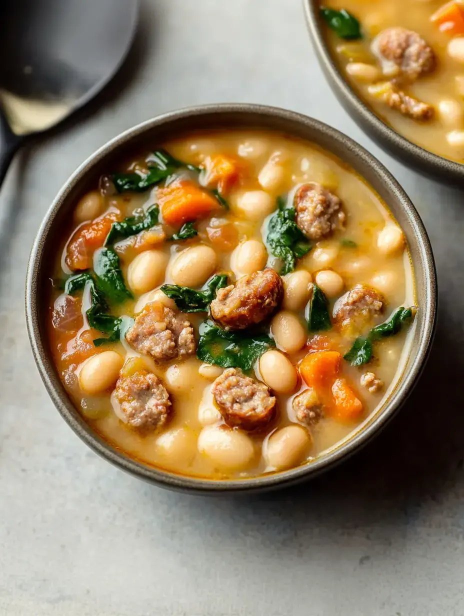 Un cuenco con sopa de alubias blancas, salchicha, espinacas y zanahorias picadas.