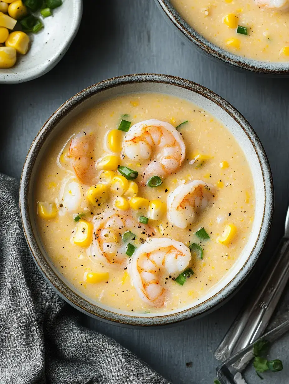 Un acercamiento de un plato de sopa cremosa de camarón y maíz decorada con cebollín y acompañada de maíz de fondo.