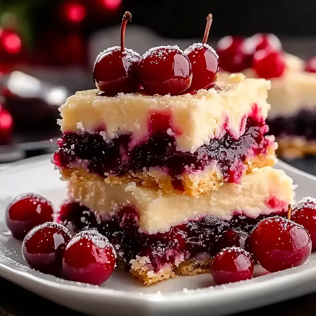 Barritas de cereza con cerezas brillantes encima y azúcar glass, servidas en plato blanco.