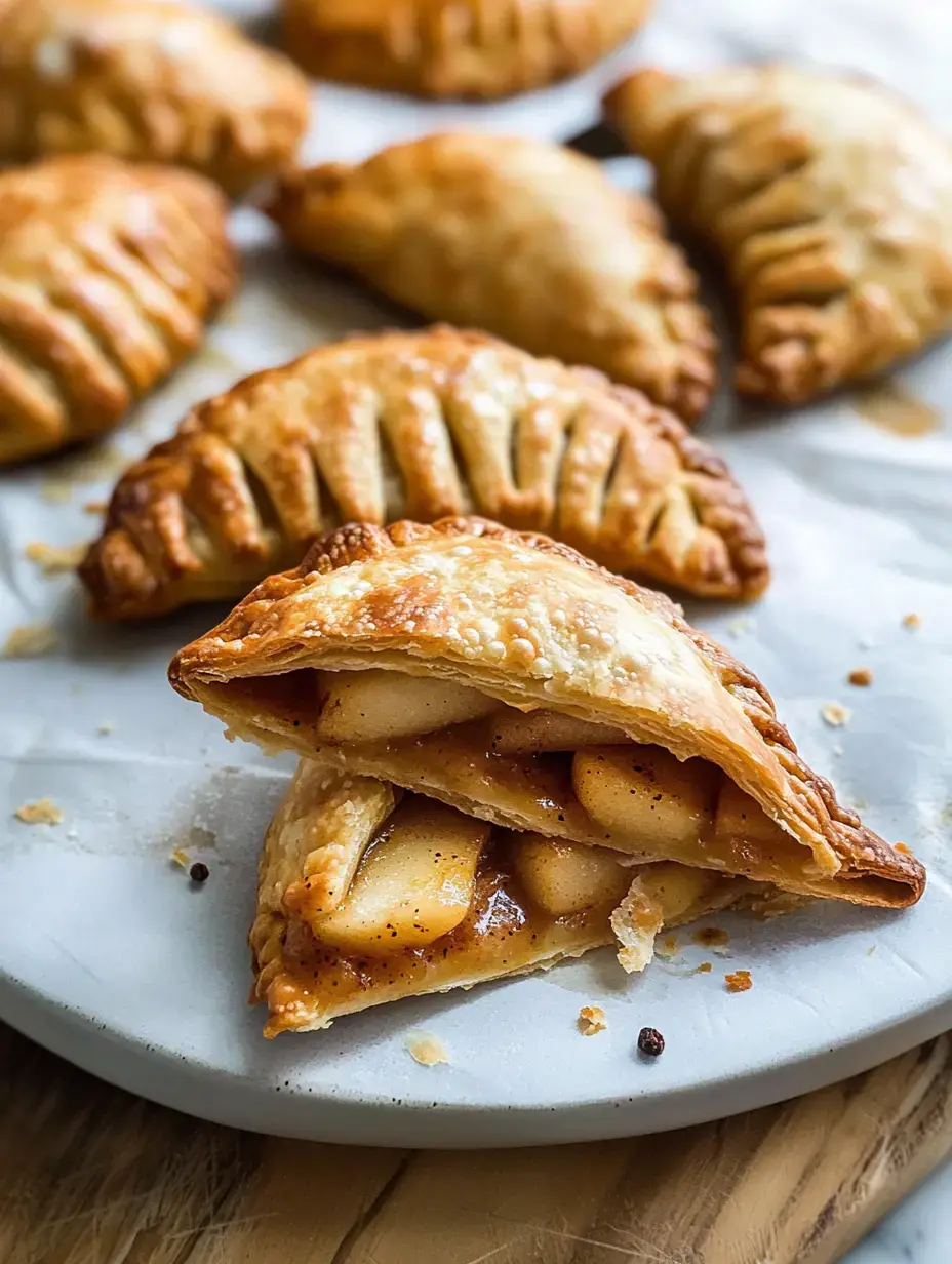 Un plato con empanadas doradas de manzana, una está partida mostrando su relleno dulce.