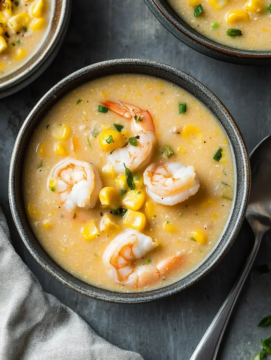 Acercamiento de un plato de sopa cremosa de camarón y maíz con hierbas frescas, cuchara y tela de fondo.