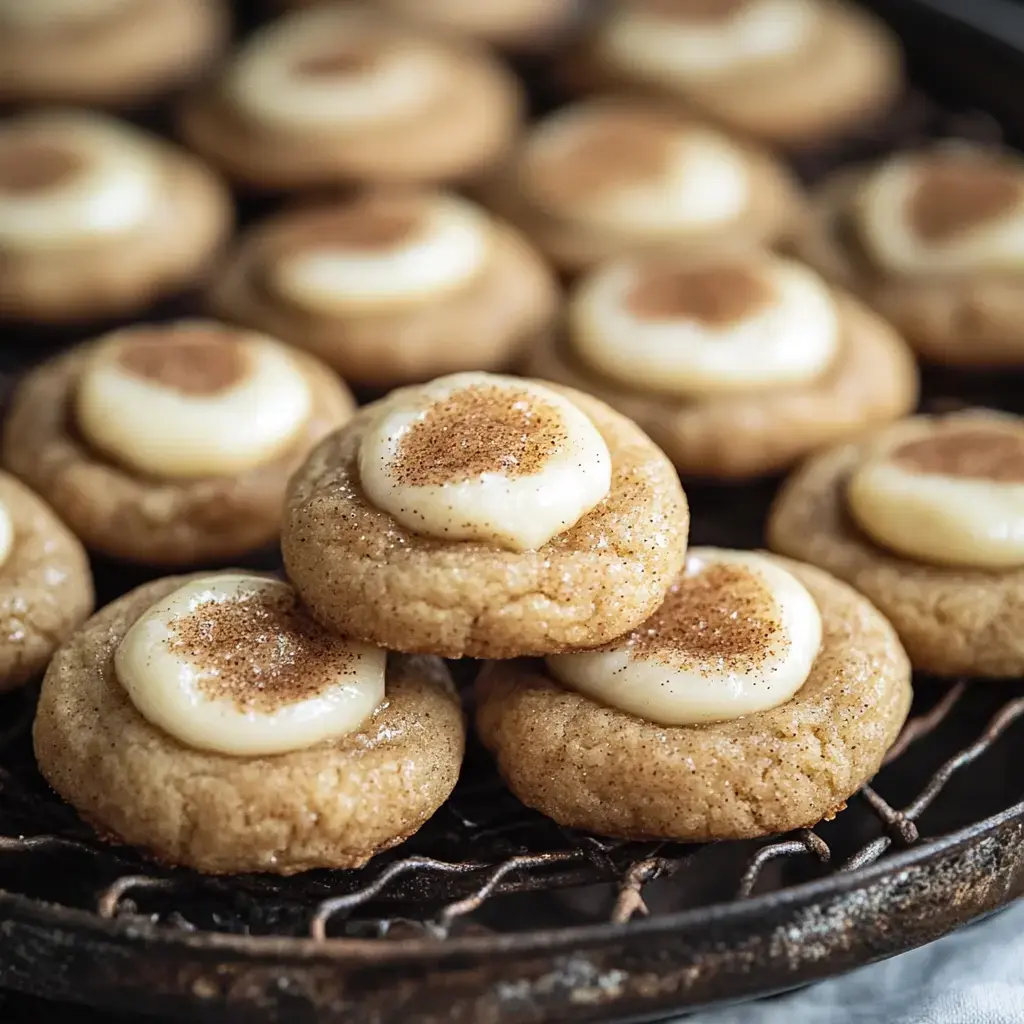 Un primer plano de galletas recién horneadas con un glaseado cremoso y un toque de canela por encima, dispuestas en una rejilla para enfriar.