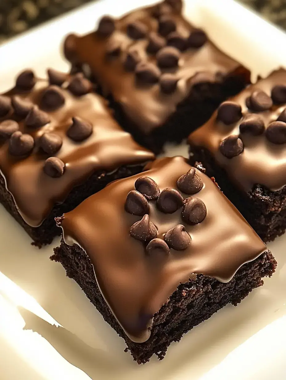 Cuatro brownies de chocolate en un plato blanco, cubiertos de ganache y chispas de chocolate.