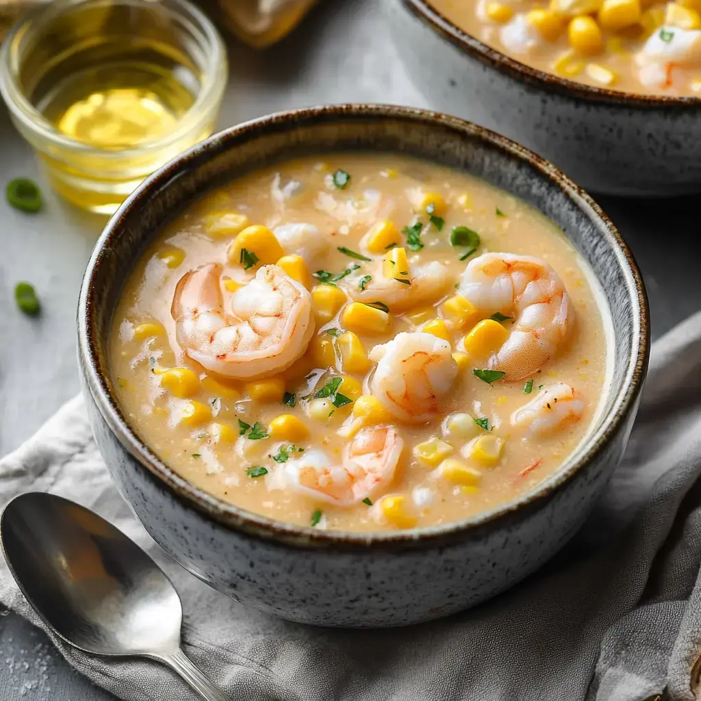 Acercamiento de sopa cremosa de camarón y maíz, decorada con hierbas verdes, servida con cuchara y un poco de aceite al fondo.