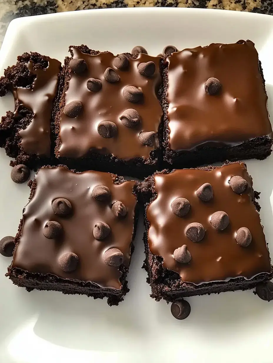 Acercamiento a cuatro brownies cubiertos con ganache brillante y chispas, sobre un plato blanco.