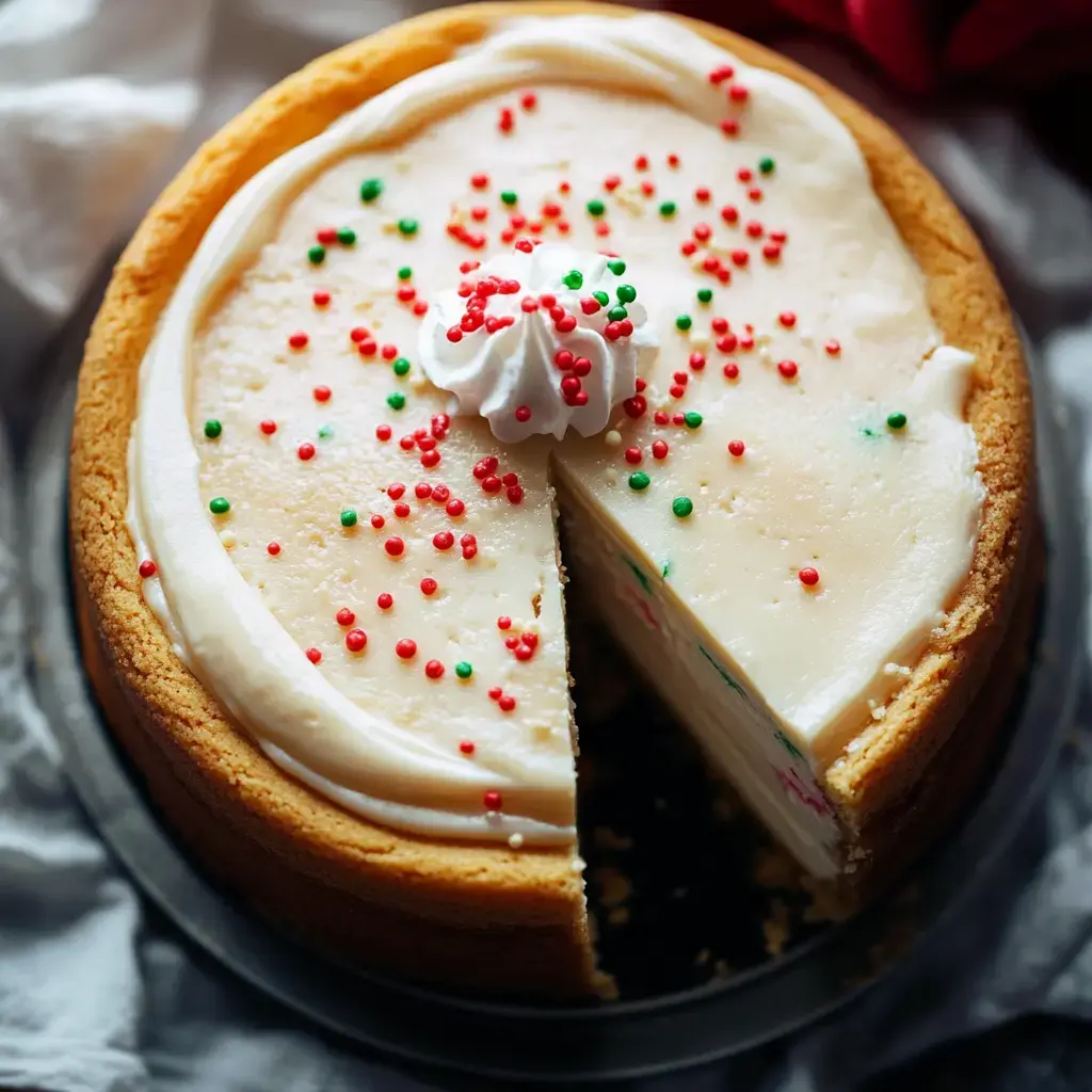 Una tarta de queso festiva cubierta con confites rojos y verdes y una porción de nata montada, con una rebanada retirada.