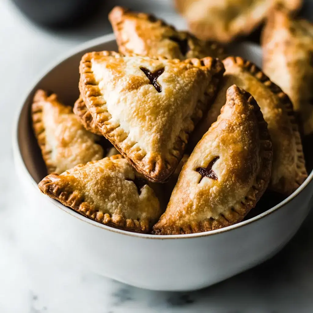 Un bol lleno de empanadas doradas y brillantes, cortadas en triángulos, con su relleno de chocolate asomando.