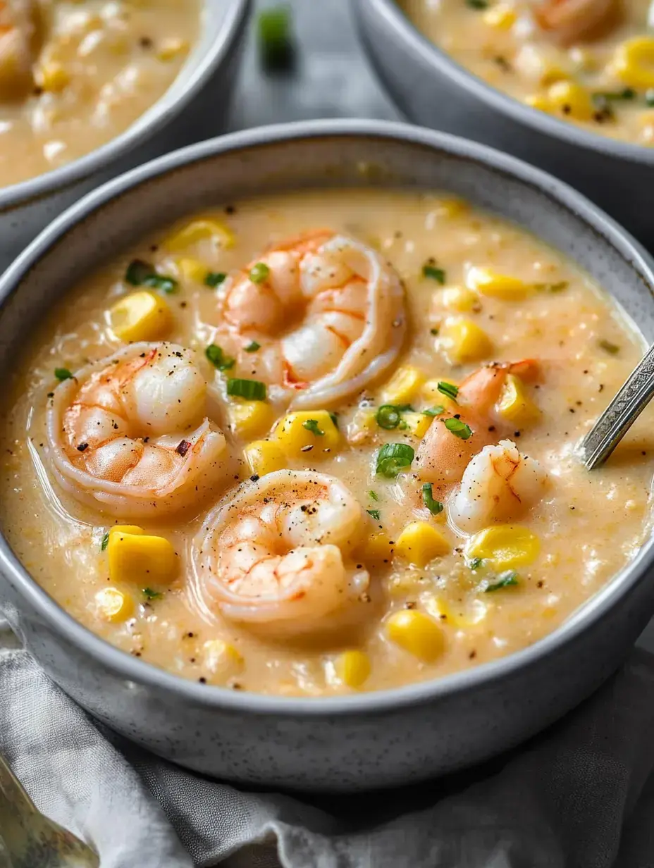 Cerca de un plato de sopa cremosa de camarón y maíz con cebollín fresco.