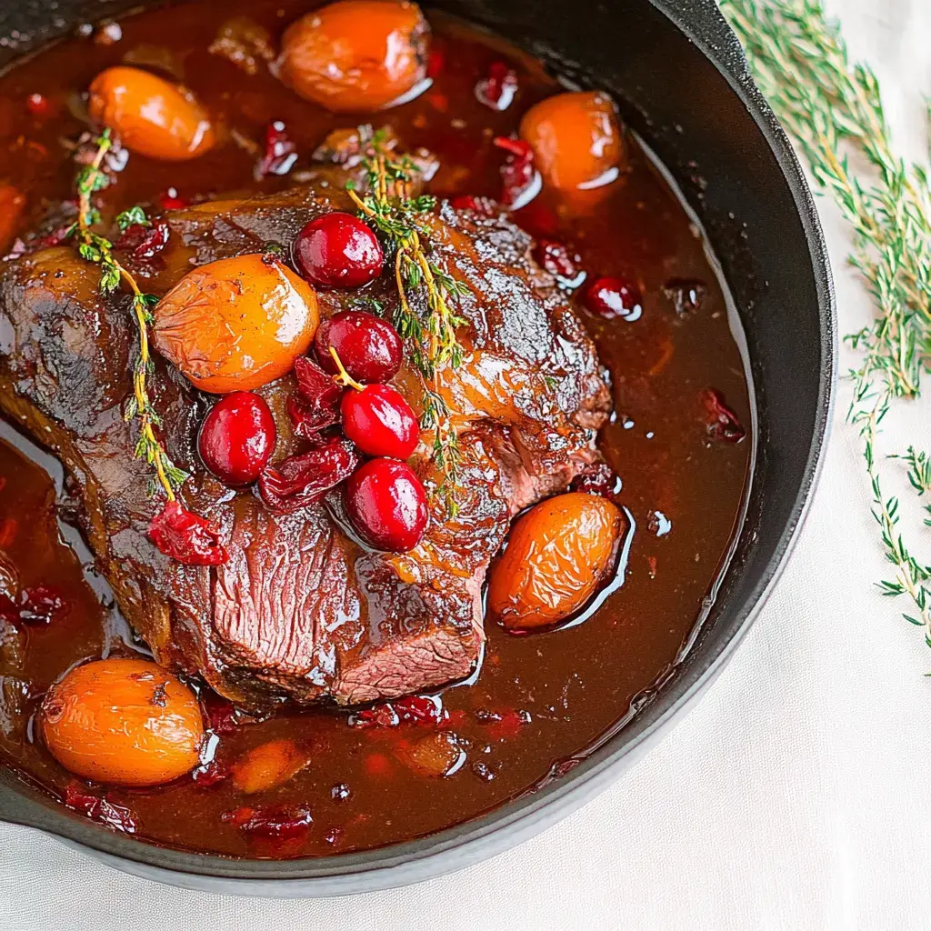Un trozo jugoso de carne decorado con arándanos y tomillo, con cebollitas bañadas en salsa espesa alrededor.