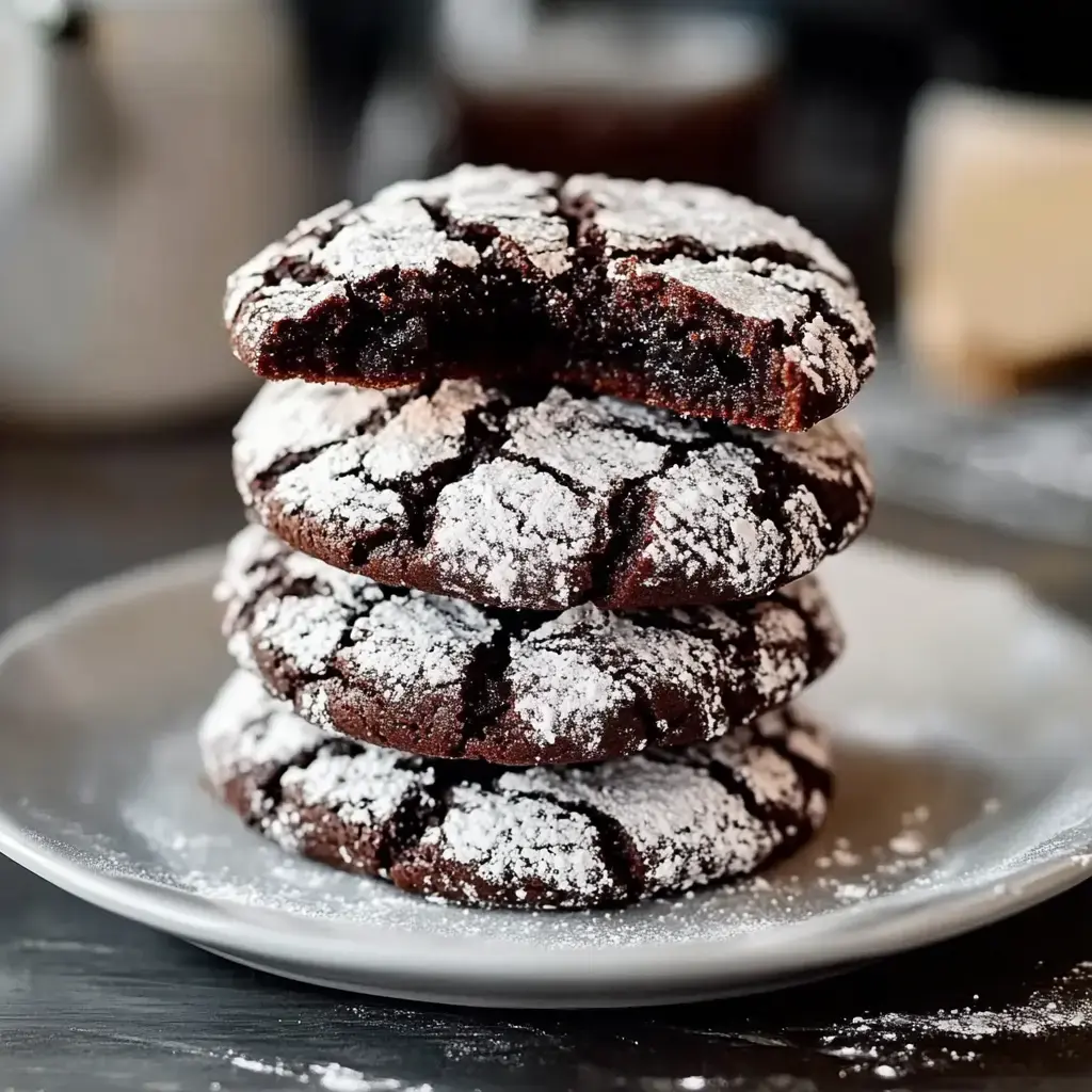 Un montón de cuatro galletas agrietadas de chocolate, espolvoreadas con azúcar glass, mostradas en un plato gris.