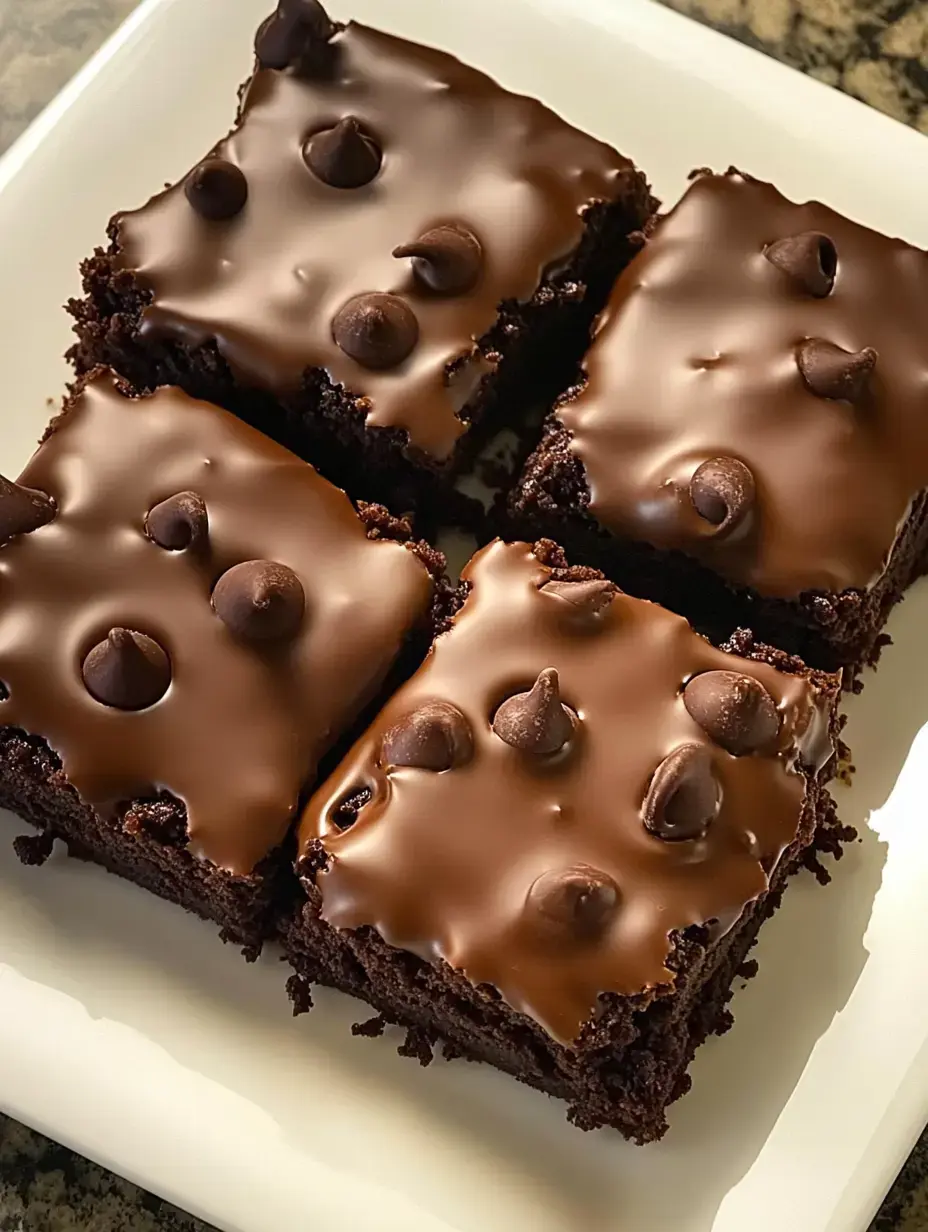 Plato con cuatro brownies cubiertos con glaseado brillante y chispas de chocolate.