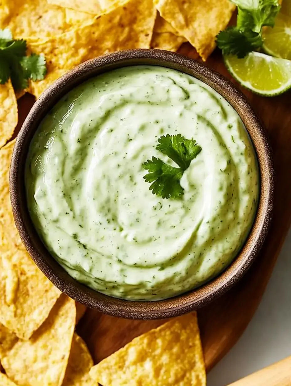 Una salsa verde cremosa servida en un bol, con cilantro encima y acompañada de totopos y gajos de lima.