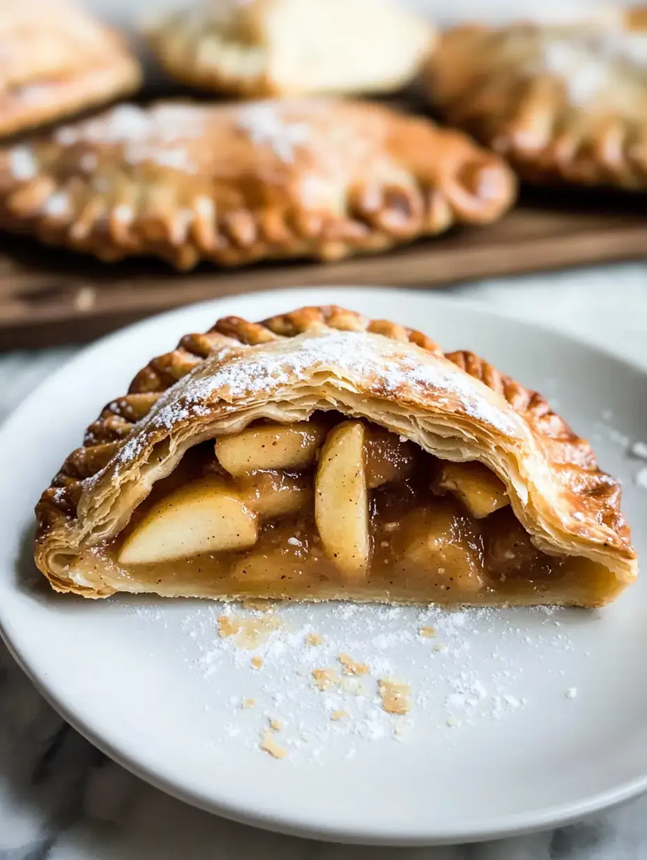 Una empanada de manzana cortada al centro, con corteza crujiente y relleno con manzanas y canela, sobre un plato; al fondo se ven otras empanadas enteras.