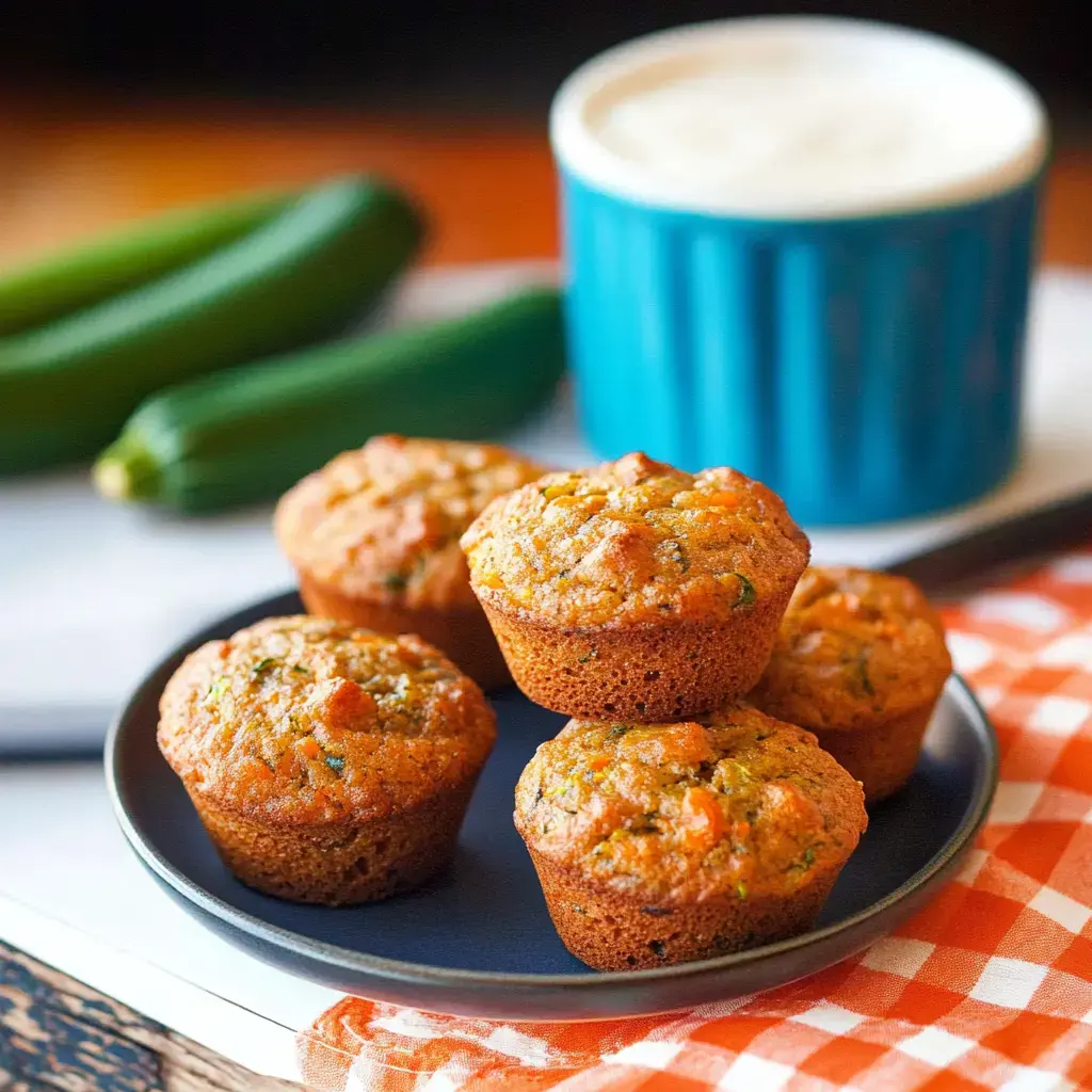 Un plato con muffins de calabacín junto a un café y dos calabacines sobre la encimera de la cocina.