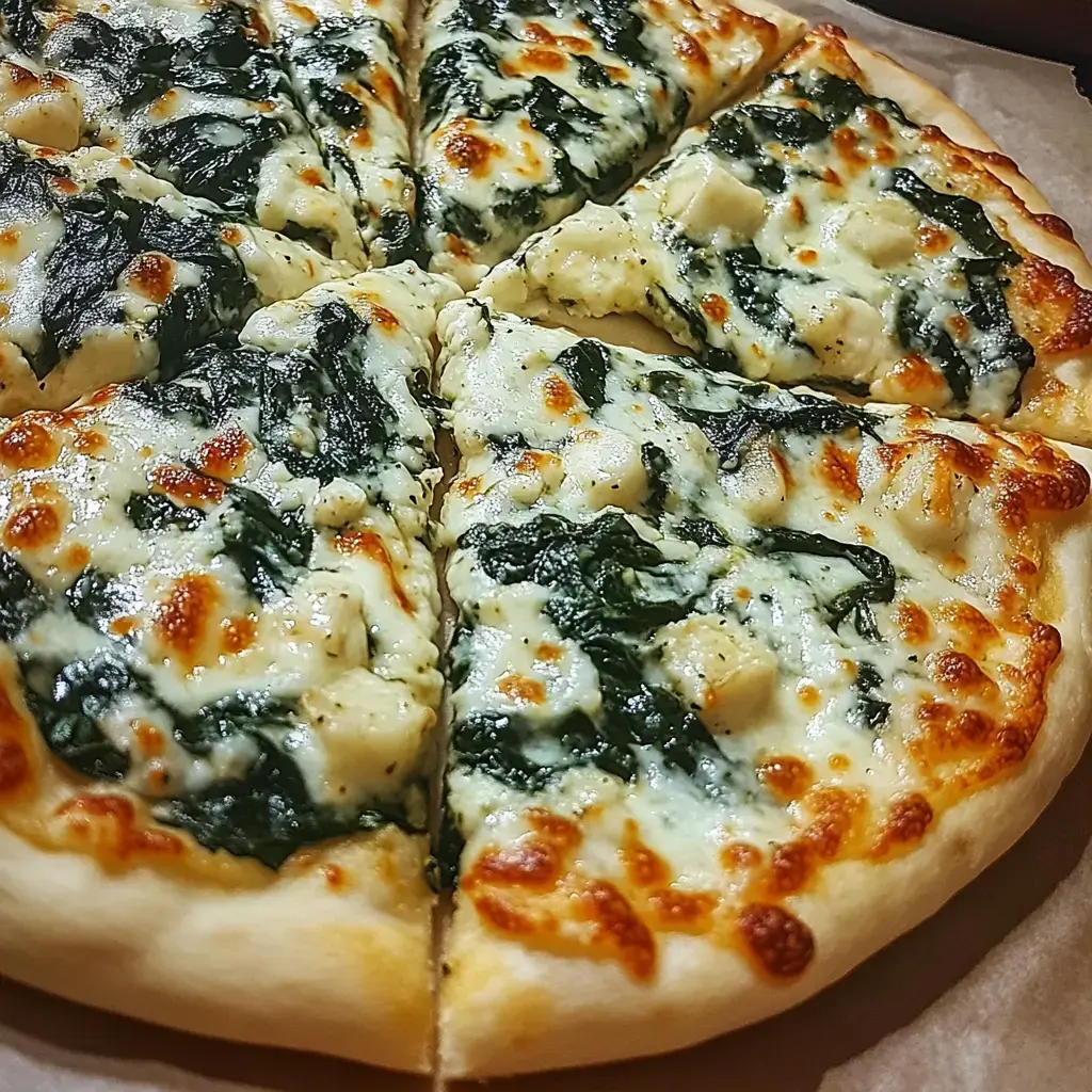 Pizza recién salida del horno con espinacas y queso derretido, cortada en triángulos.
