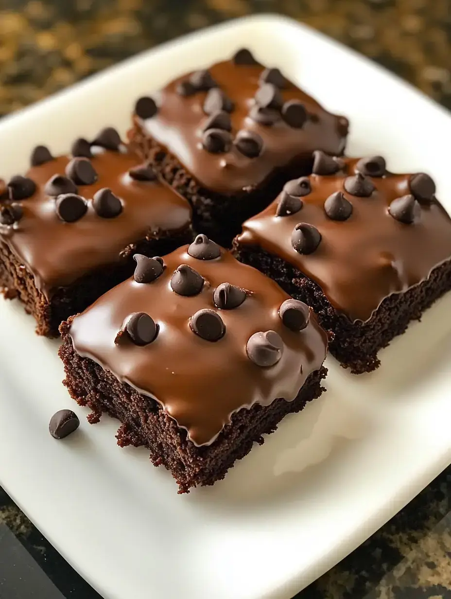 Plato con brownies de chocolate cubiertos con ganache y espolvoreados con chispas de chocolate.