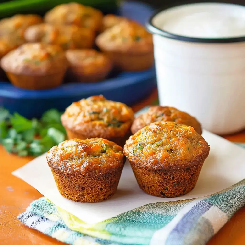 Cuatro muffins dorados con hierbas vistos de cerca sobre una servilleta blanca, junto a un vaso de yogur y más muffins difuminados al fondo.
