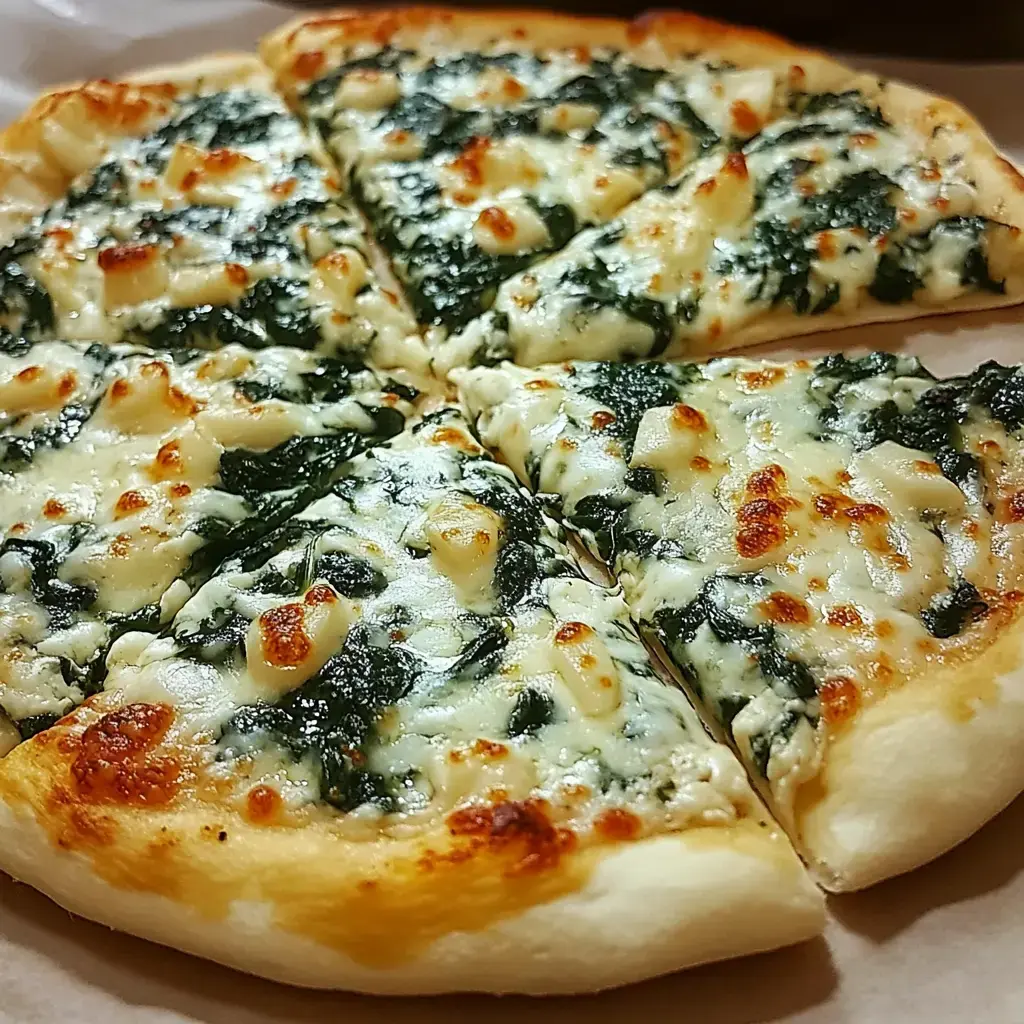 Pizza calientita con espinaca y queso derretido, en rebanadas triangulares.