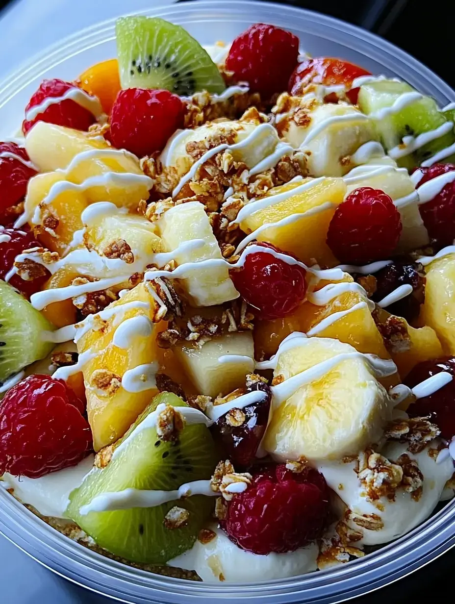 Una ensalada de frutas colorida con granola y crema presentada en un bol transparente.