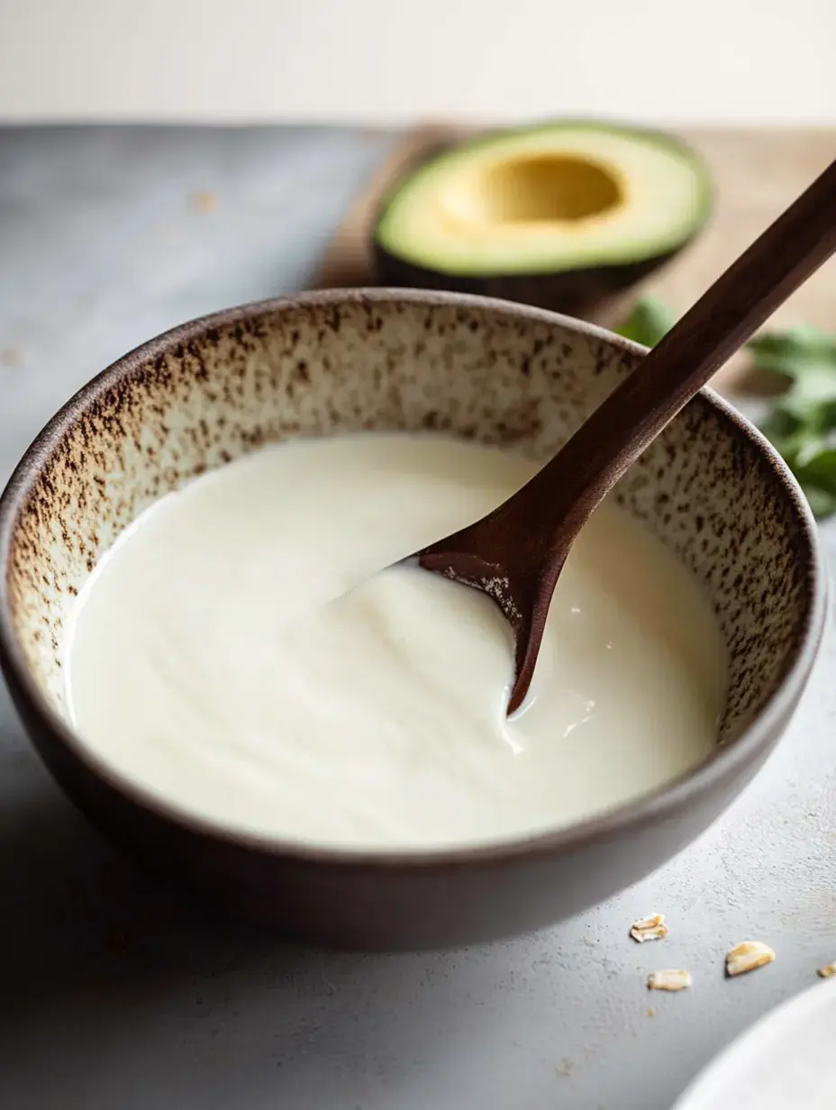 Un tazón marrón lleno de salsa cremosa con una cuchara de madera, junto a medio aguacate y avena al fondo.