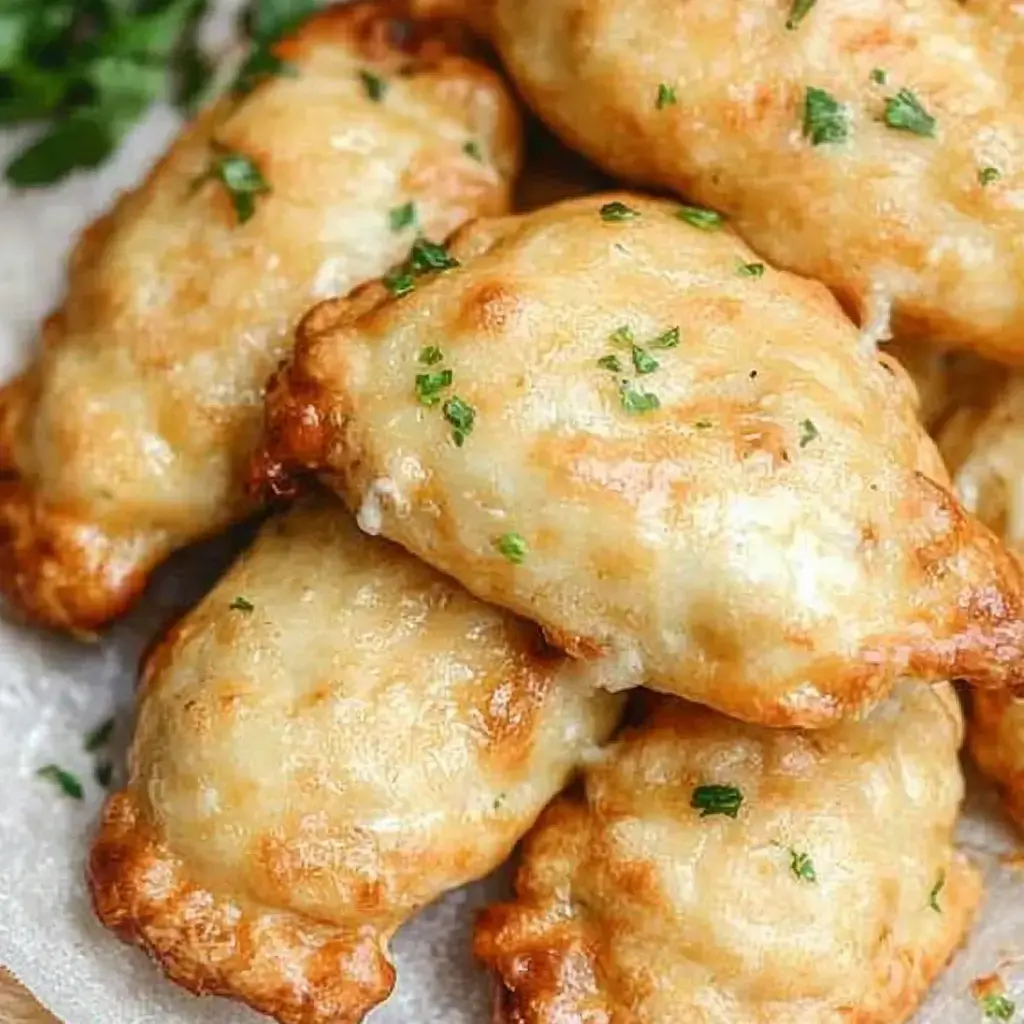 Detalle de calzones dorados rellenos de queso, decorados con perejil picado.