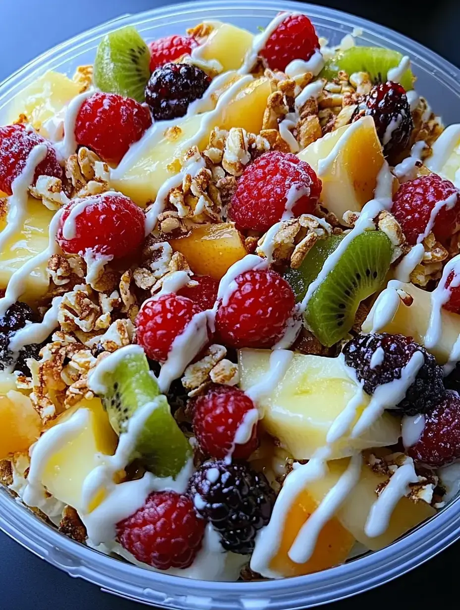 Detalle de un bol con muchas frutas como frambuesas, moras, kiwi y mango con granola y salsa blanca.