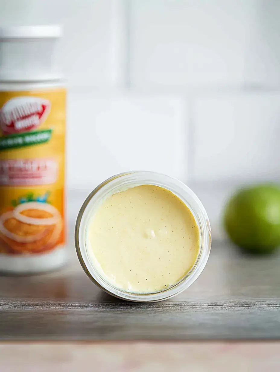 Un frasco con salsa cremosa sobre una mesa de madera, con un limón y un bote de especias al fondo borroso.