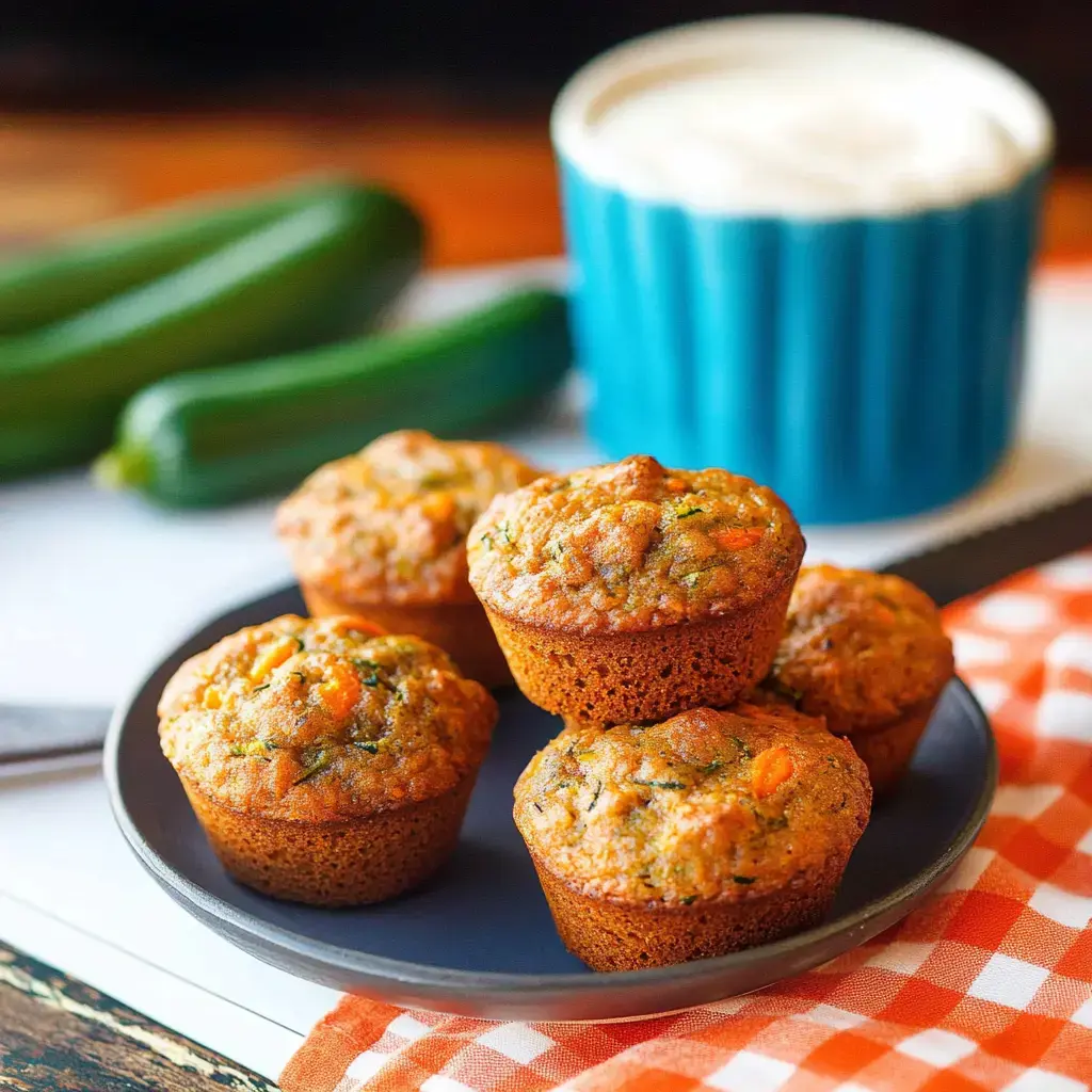Plato lleno de muffins de calabacín recién hechos junto a una taza azul y calabacines sobre un mantel de cuadros.