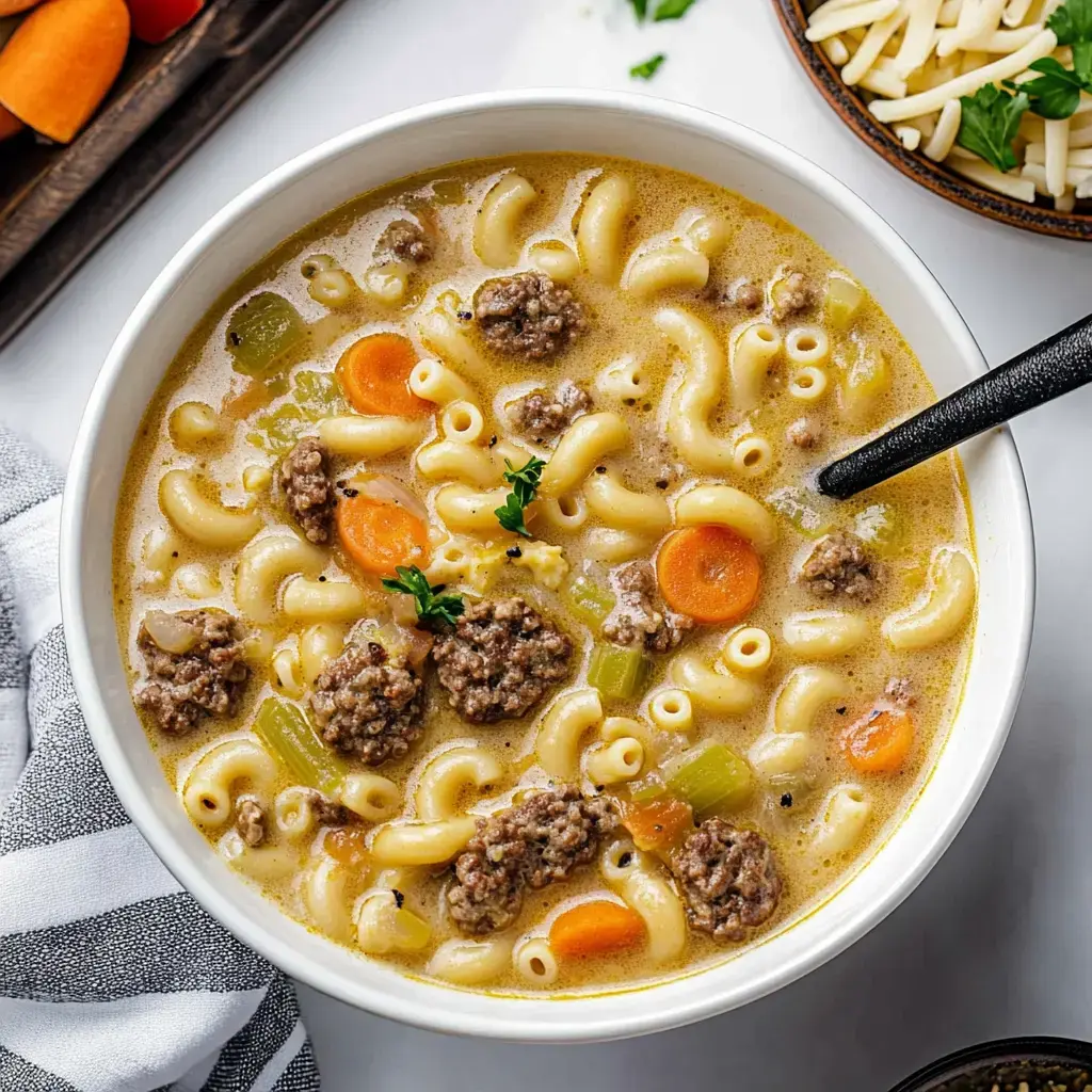 Un bol de sopa de macarrones con carne molida, zanahoria y apio, adornado con perejil y acompañado de queso rallado al lado.