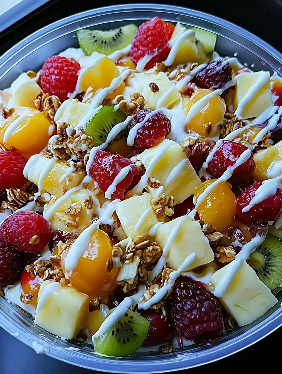Ensalada de frutas con frambuesas, mango, kiwi, granola y yogur en un bol transparente.