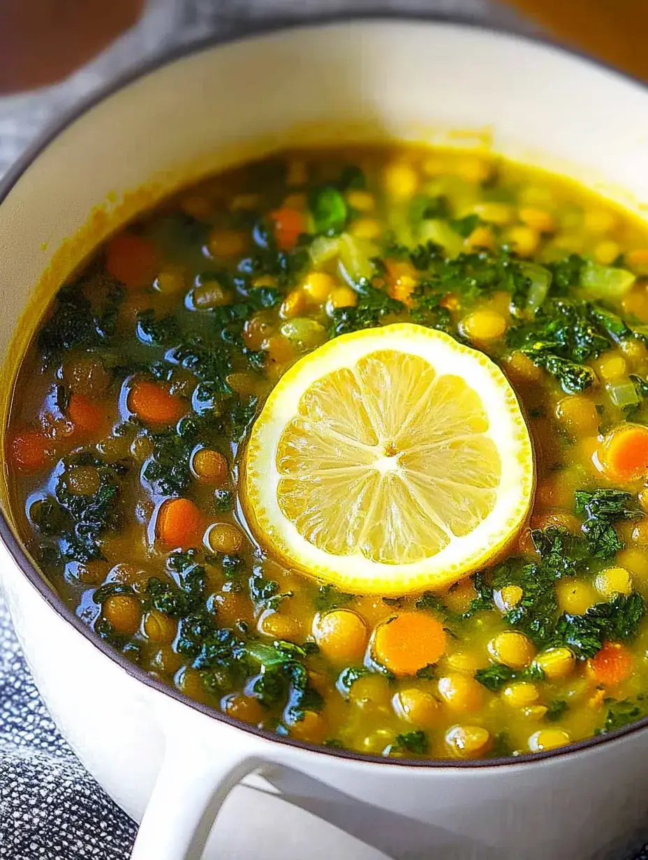 Un plato con sopa vibrante de lentejas, zanahorias y kale, decorado con una rodaja de limón.
