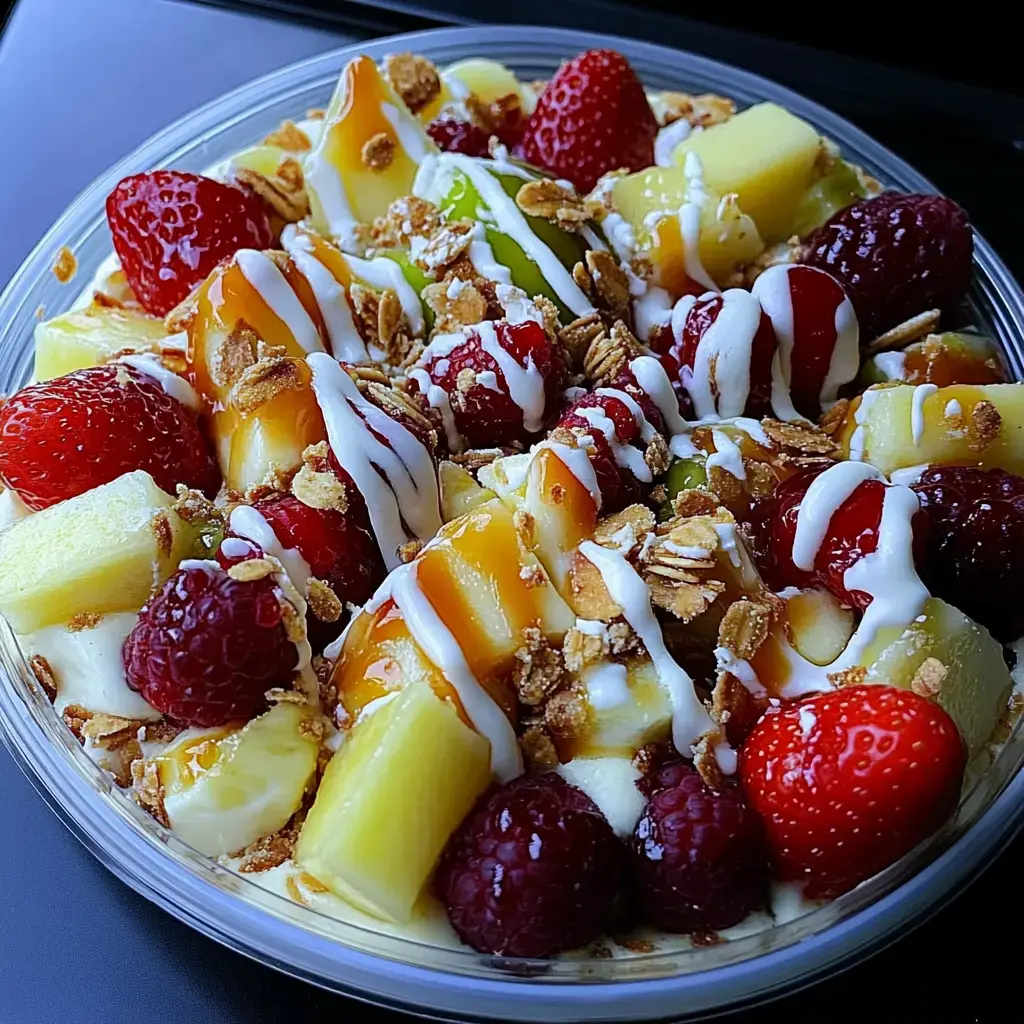 Ensalada de frutas con fresas, frambuesas, piña y mango, granola y salsa blanca por encima.