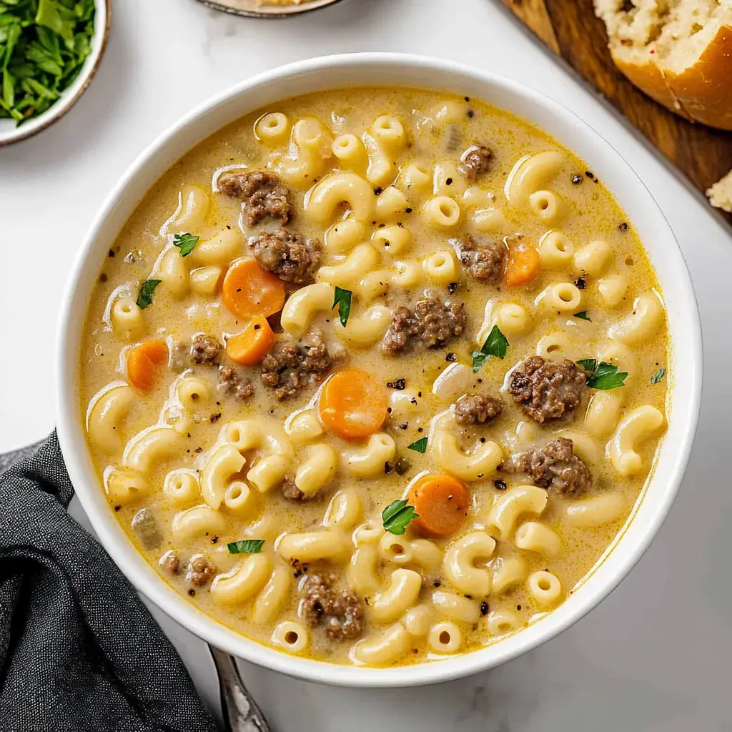 Un tazón cremoso de sopa de macarrones con carne molida, zanahorias y decorado con perejil, acompañado de rebanadas de pan.