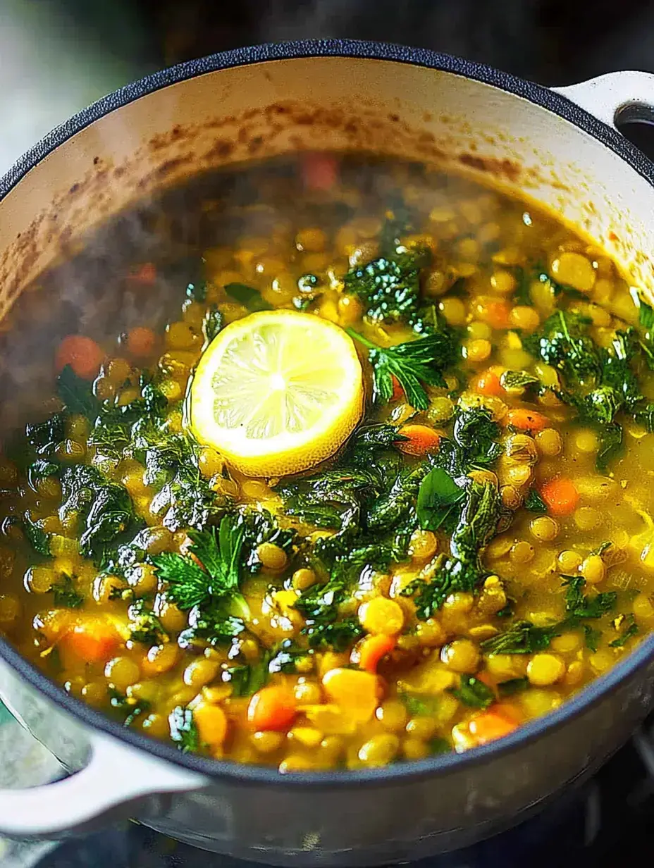 Olla con sopa de lentejas verdes, hojas frescas y zanahoria, con una rodaja de limón arriba.