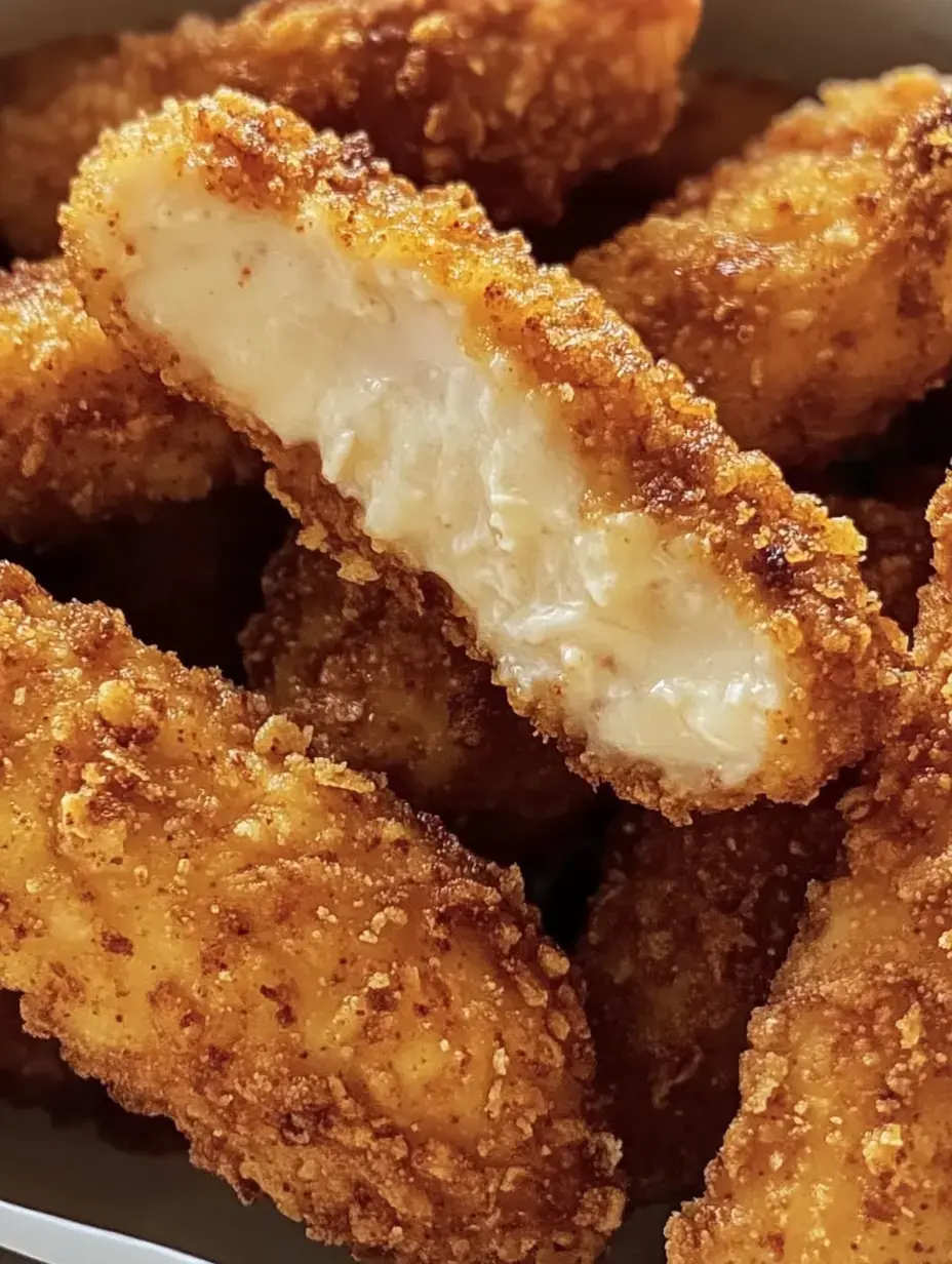 Un acercamiento a tiras de pollo empanizadas y doradas, con una pieza partida mostrando la carne blanca jugosa.