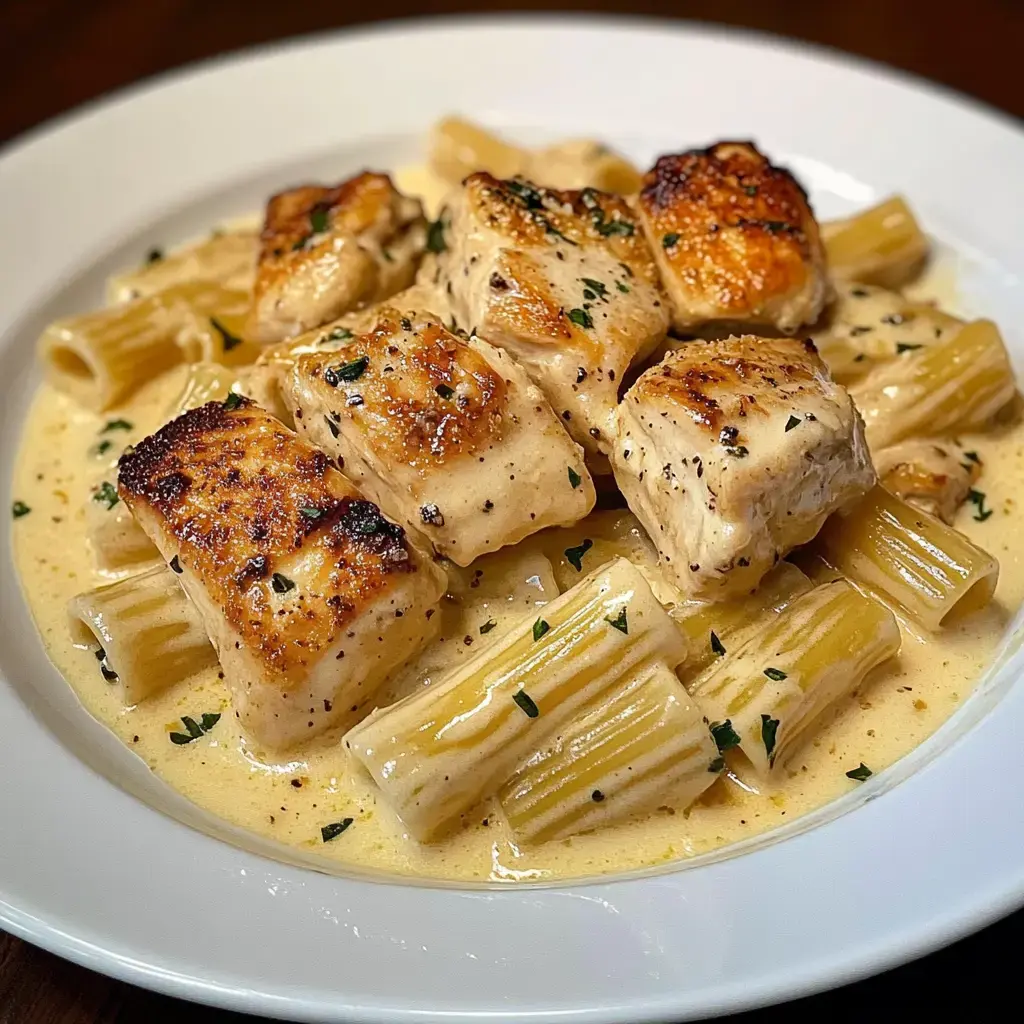Un plato de rigatoni con trozos de pollo dorado en salsa cremosa, decorado con perejil.