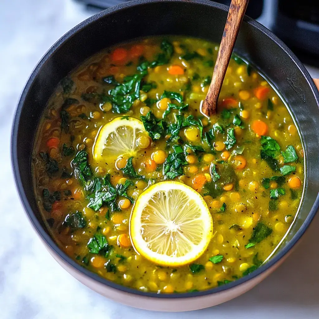 Tazón de sopa de lentejas verdes decorada con espinaca y rodajas de limón.