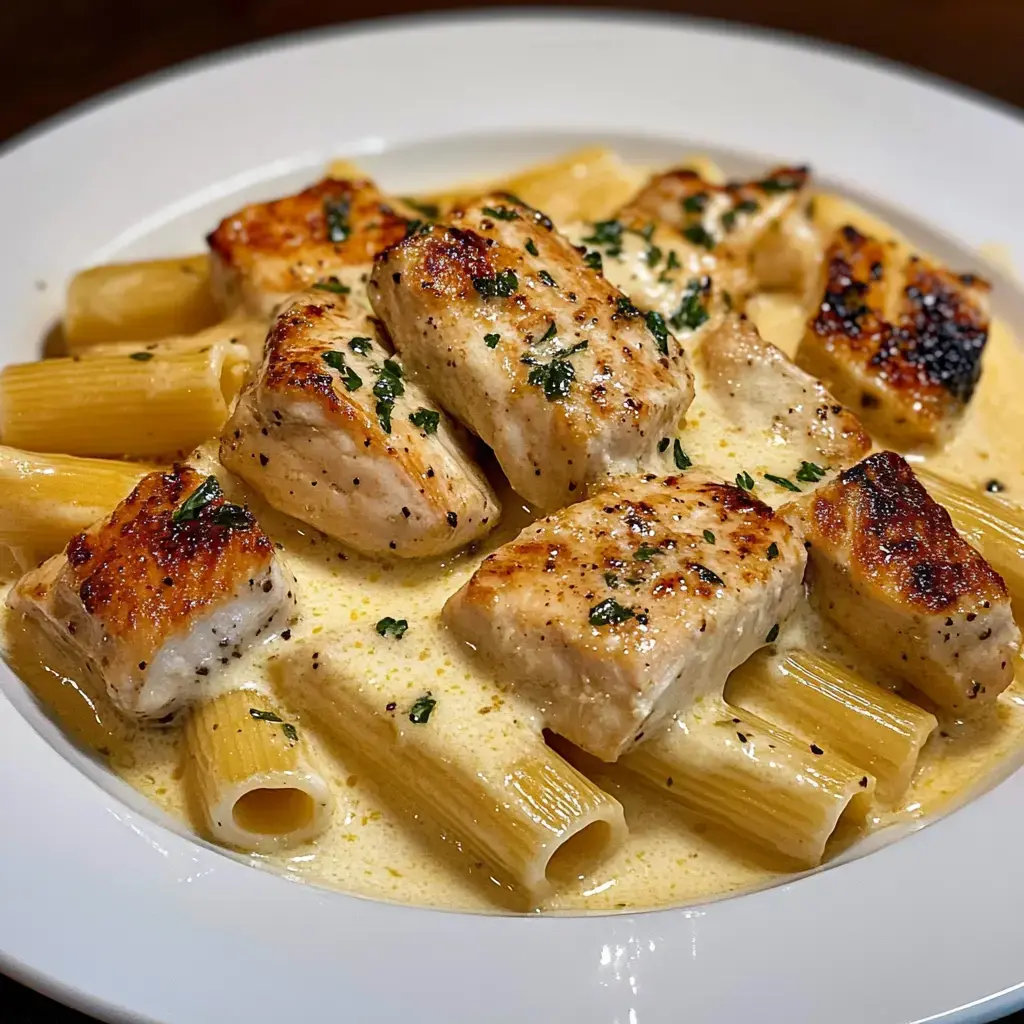 Plato de rigatoni con trozos de pollo a la plancha en salsa cremosa y hierbas.