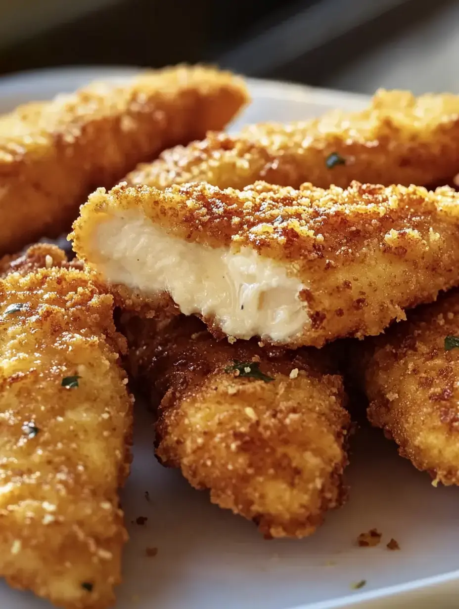 Primer plano de palitos de queso empanizados, dorados y crujientes, uno partido con un centro suave.