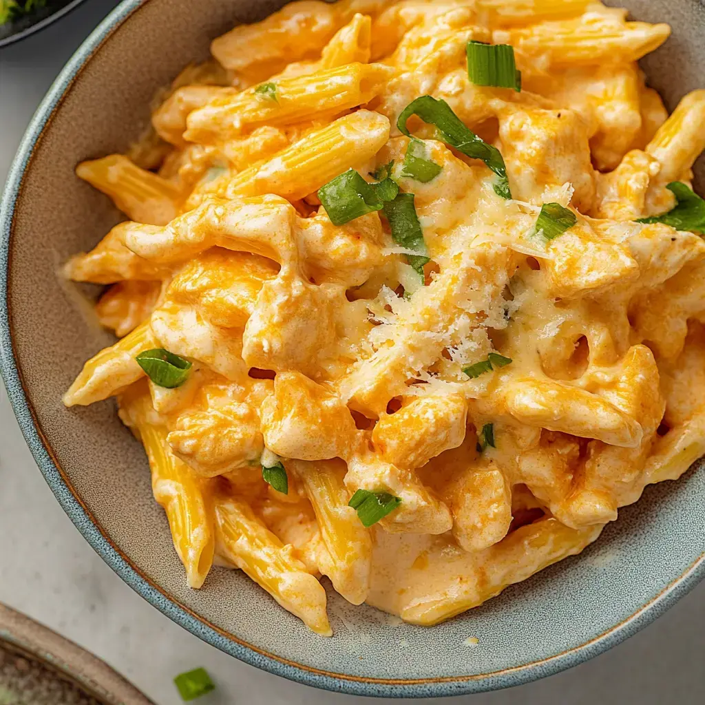 Un plato de pasta cremosa con salsa anaranjada, decorado con cebollín y queso parmesano.