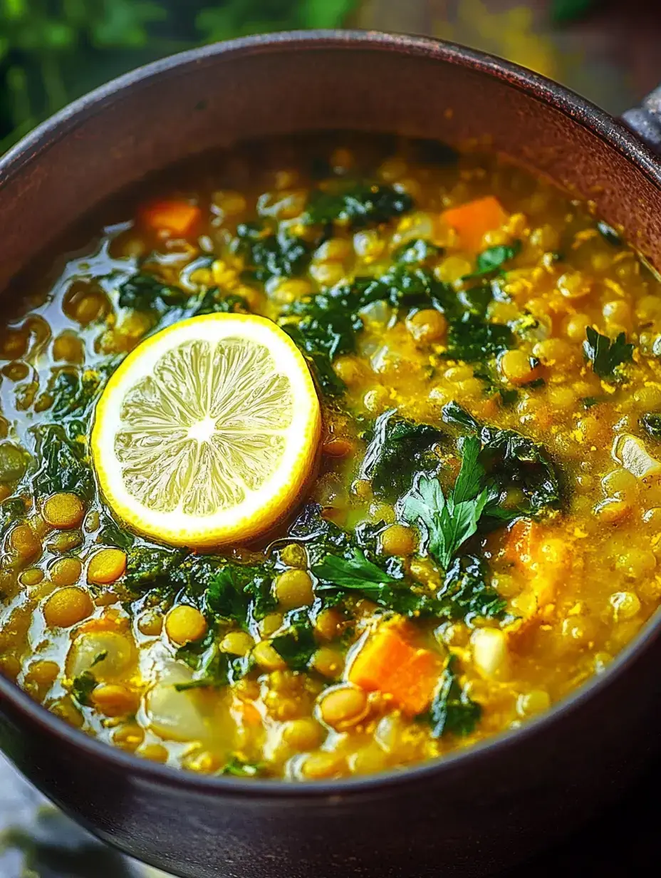 Sopa de lentejas decorada con limón y hojas frescas, con un color cálido y apetecible.