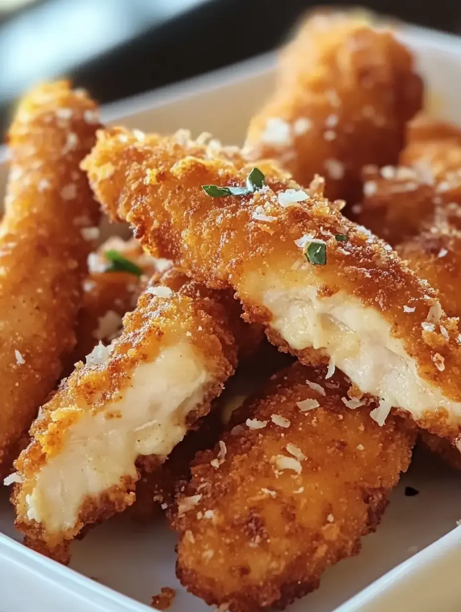 Palitos de pescado dorados y crujientes en un bol blanco, con hierbas y sal arriba.
