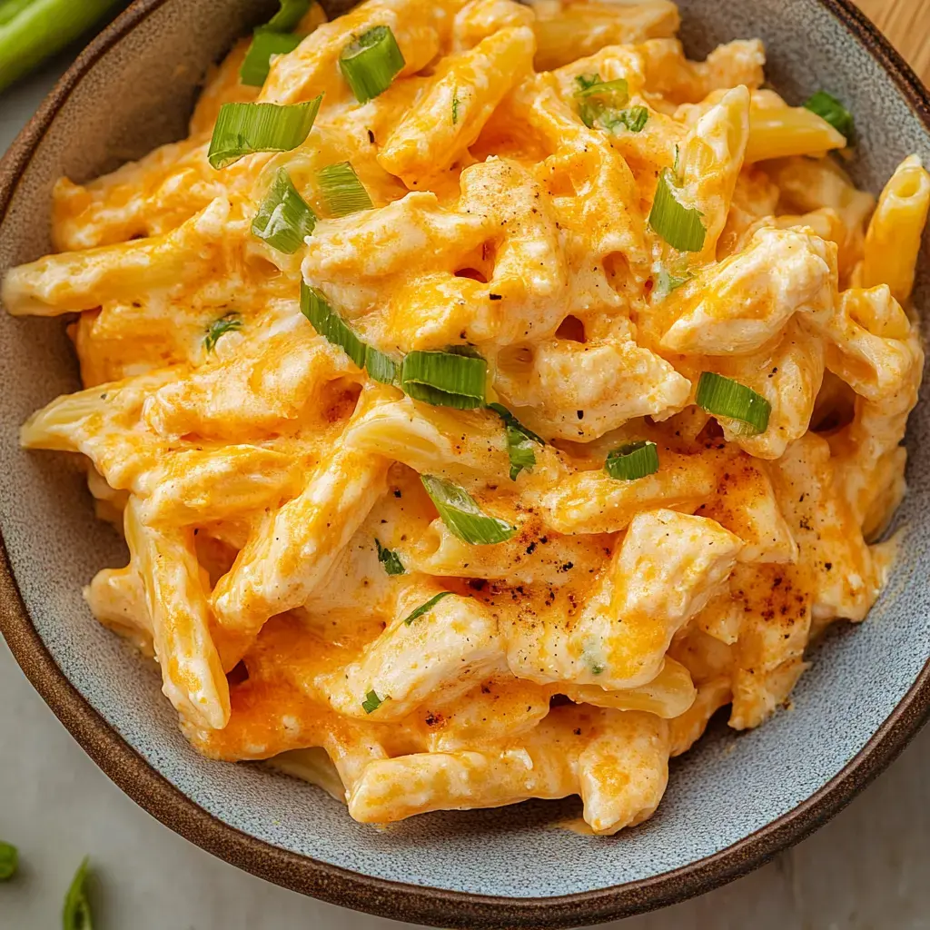 Cerca de un plato de pasta cremosa, coronada con cebollín y especias.