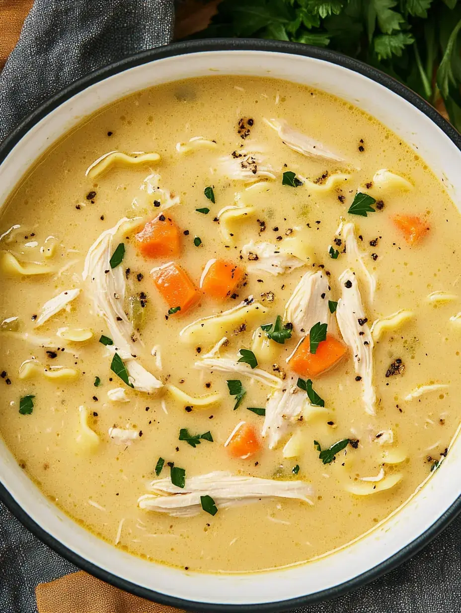 Un plato de sopa de pollo cremosa con pollo desmenuzado, zanahoria y perejil por encima.