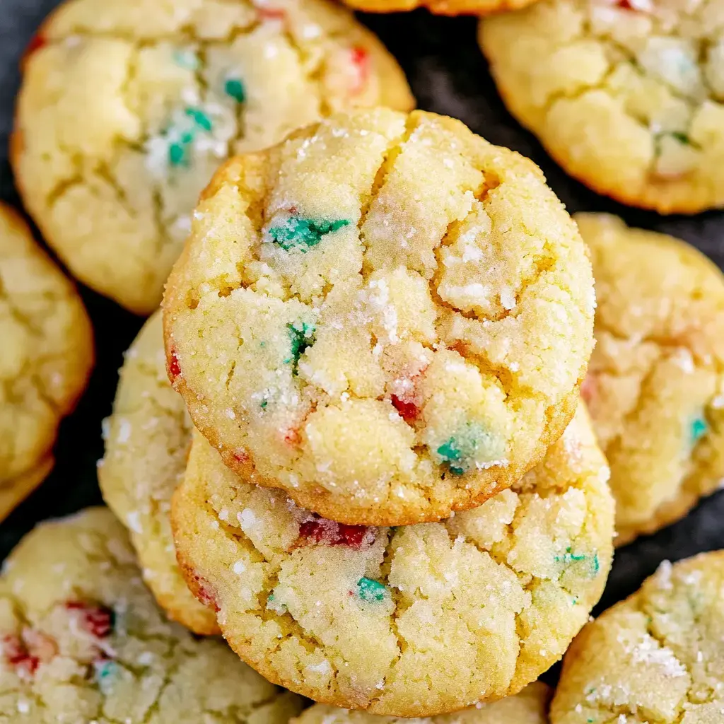 Galletas suaves y coloridas apiladas, decoradas con rojo y verde.
