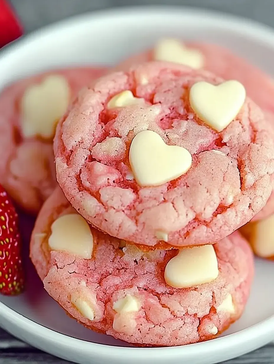 Cerca de galletas rosadas con corazones de chocolate blanco, servidas en un bol blanco con fresas frescas al lado.