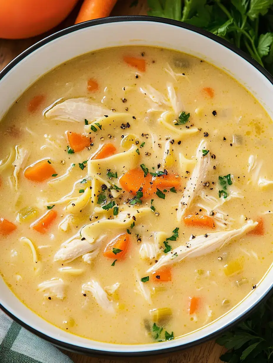 Una sopa cremosa de pollo con fideos, pollo desmenuzado, zanahoria y hierbas, servida en bol.