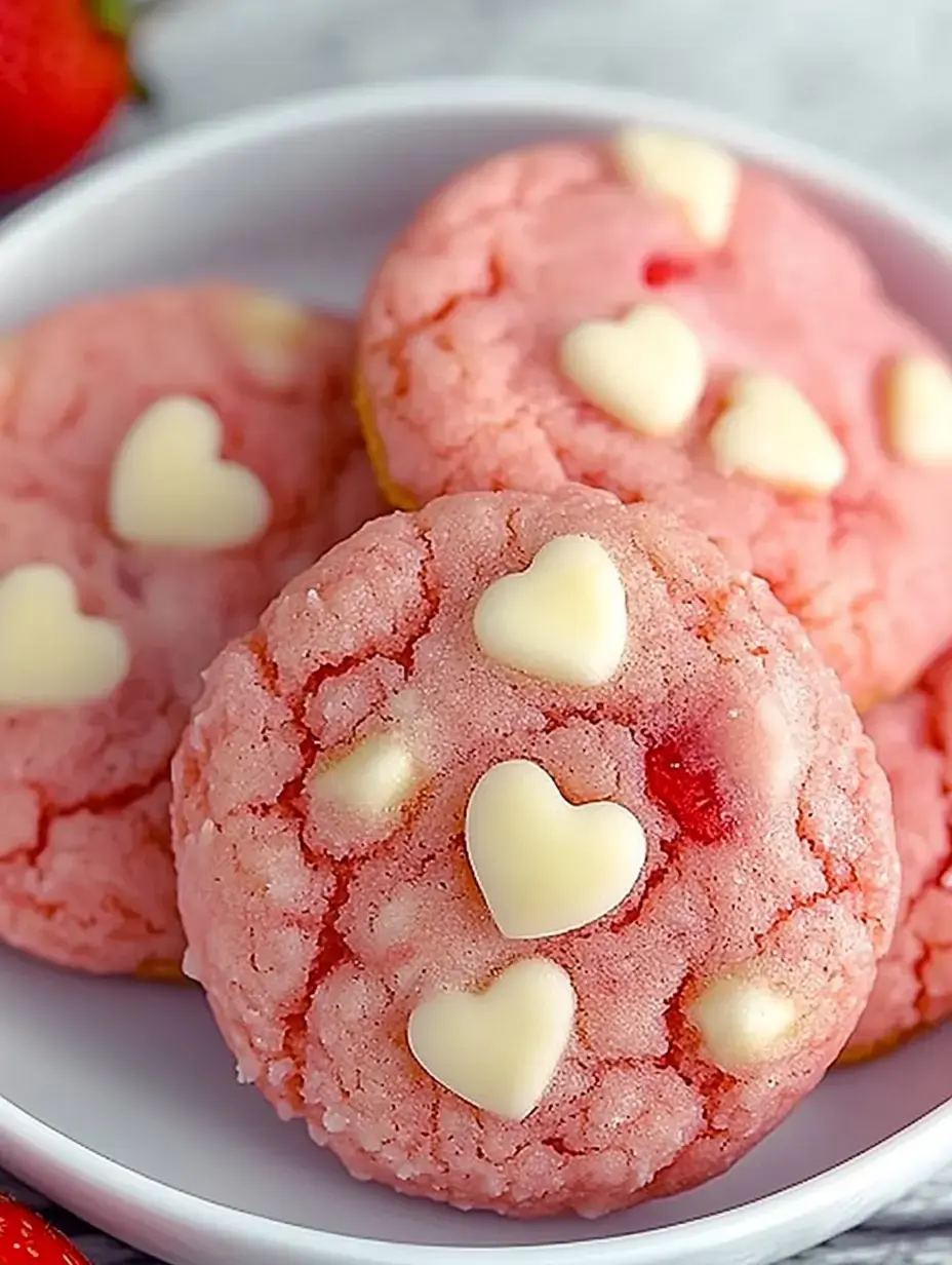 Plato de galletas rosadas con corazones de chocolate blanco encima, fresas frescas alrededor.