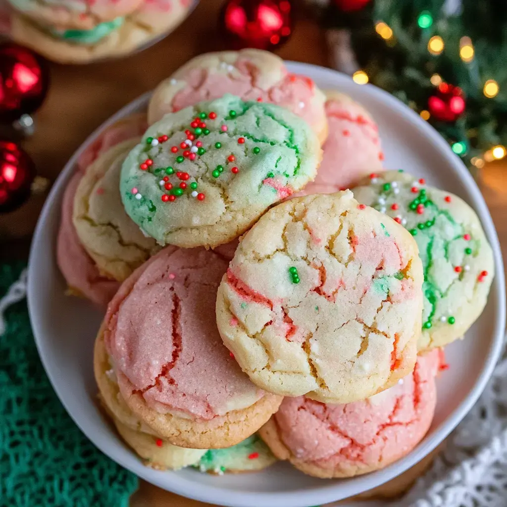 Un plato lleno de galletas festivas con chispas rojas y verdes.